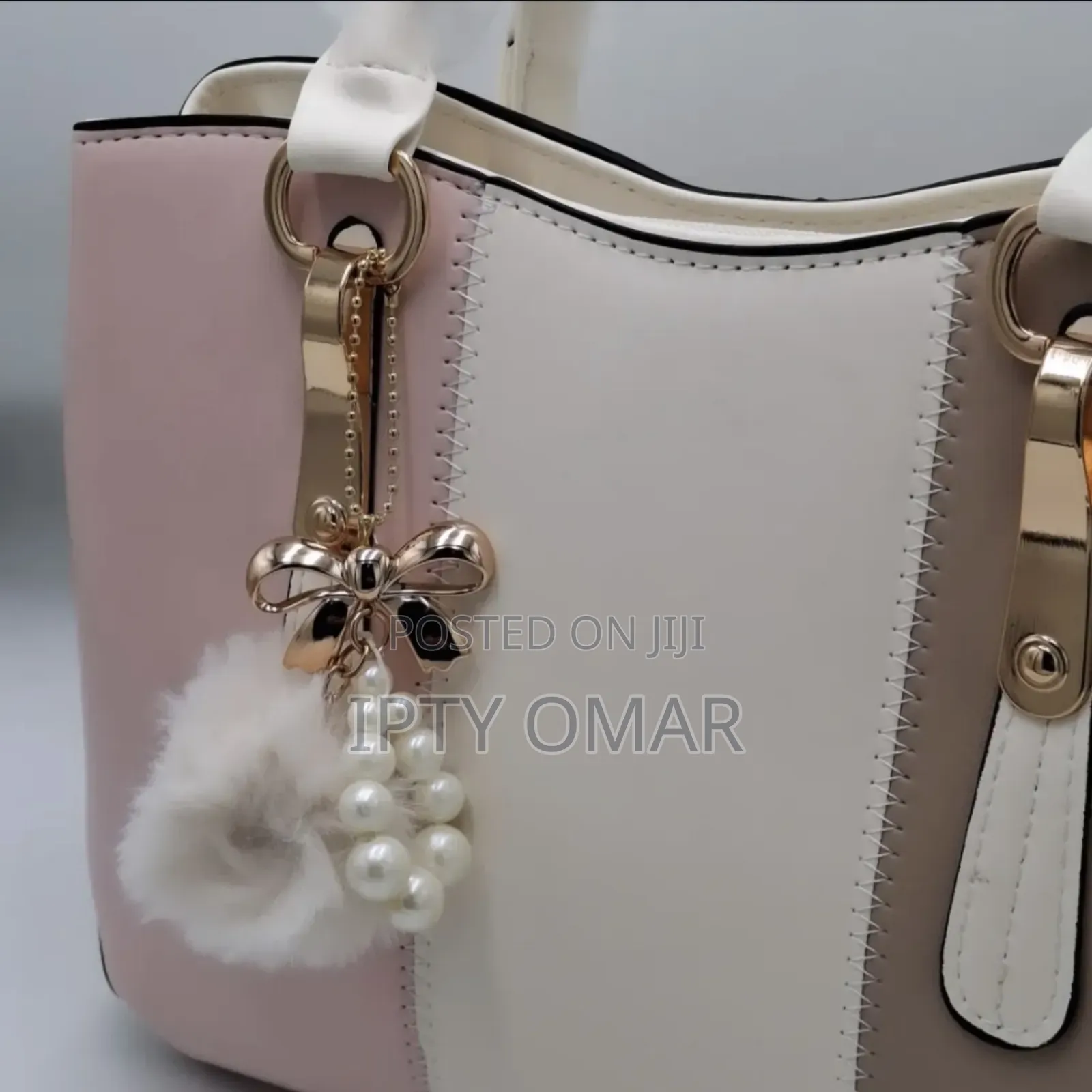 Pink and Brown Tricolor Handbag With Chic Bow Keychain