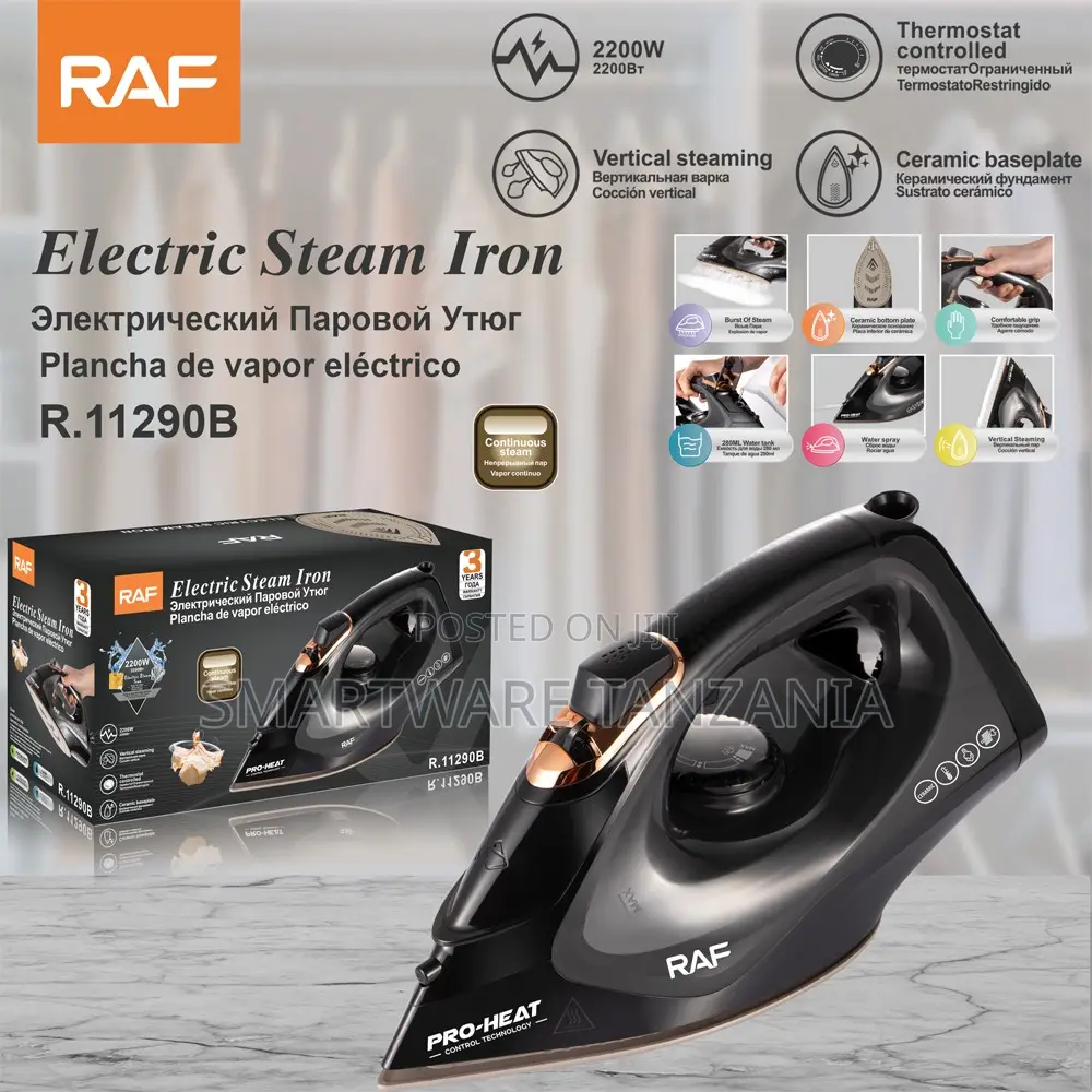 Raf Electric Iron 2200w R.11290b Ceramic Plate Vertical Steam Black