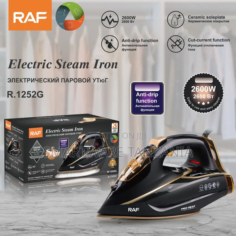 Raf Pro-Heat Steam Iron 2600w Black Gold Ceramic Base R.1252g