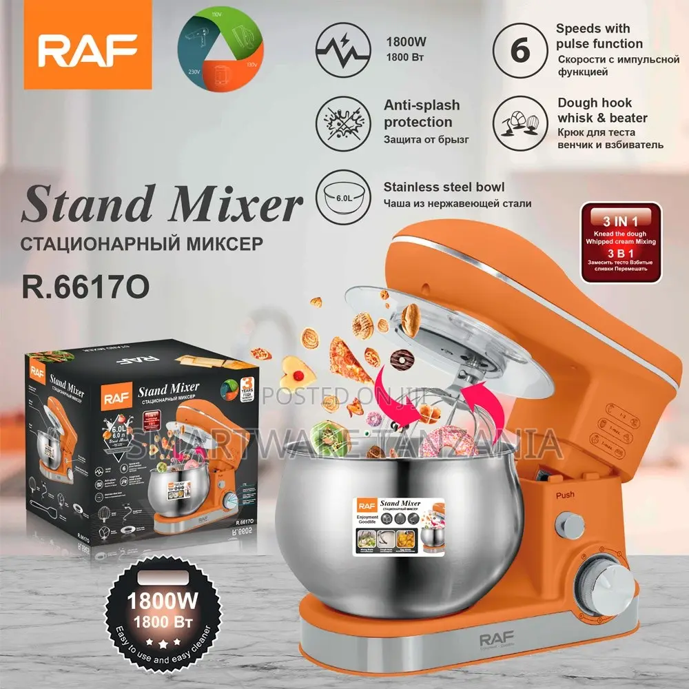 Raf R.6617o 1800w Stand Mixer 6l Orange 6-Speed Anti-Splash 3in1