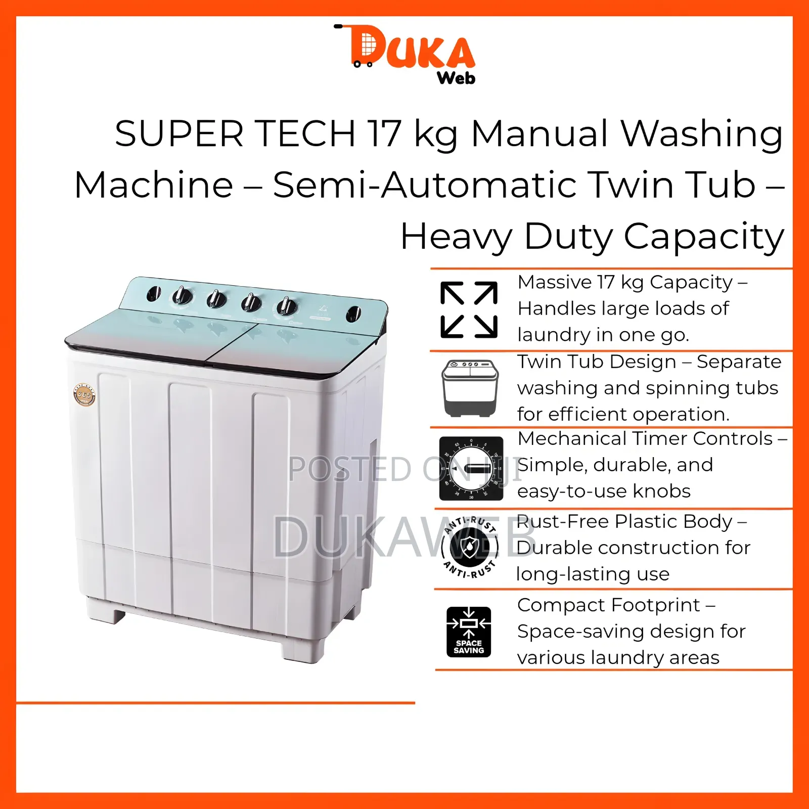 Super Tech 17 Kg Manual Washing Machine – Semi-Automatic Twin Tub