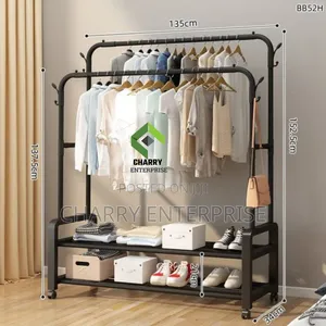 Double Rod Garment Rack With 2 Lower Shelve and Side Hooks Drying Rack