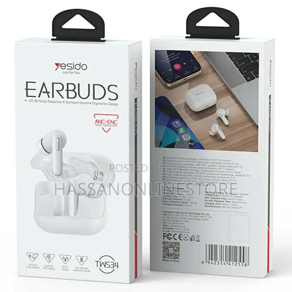 Yesido Tws34 Earbuds Dual Mic Anc + Enc Noise Cancelling Touch Control