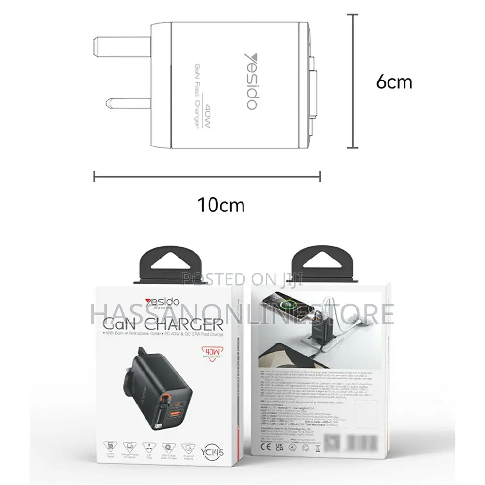 Yesido Yc145 Uk Plug 40w Fast Gan Charging Adapter