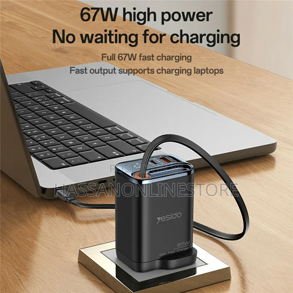 Yesido Yc146 Uk Plug 67w Gan Charger With Retractable Type C Cable