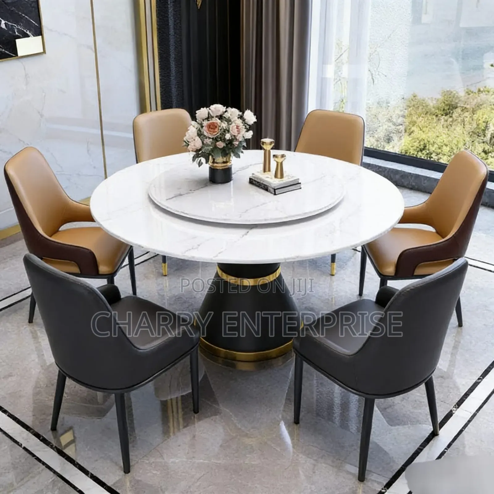 Luxury Marble Dining Table Set Featuring a Rotating Tabletop 6 Seater