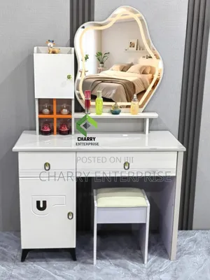 Modern Dressing Table With Led Mirror, Side Cabinet With Cushion Stool