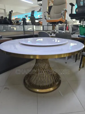 Modern Round Dining Table With Turntable and Gold Stainless Steel Base