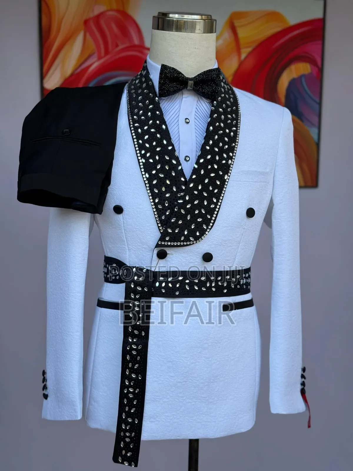 White Suit Black Dotted Belt and Taxedo