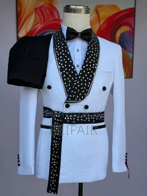 White Suit Black Dotted Belt and Taxedo