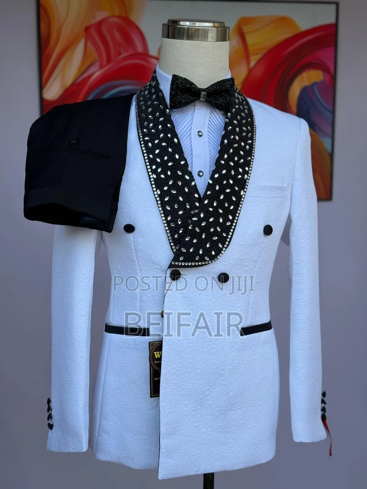 White Suit Black Dotted Belt and Taxedo