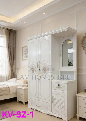 Modern 3-Door White Wardrobe With Dressing Mirror Integrated Drawers