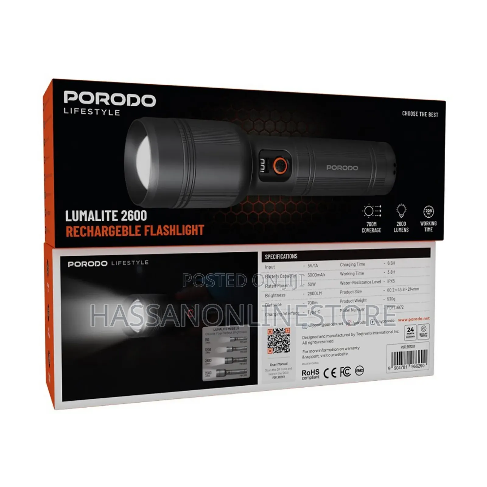 Porodo Lifestyle Lumalite 2600 Rechargeable Flashlight - Grey