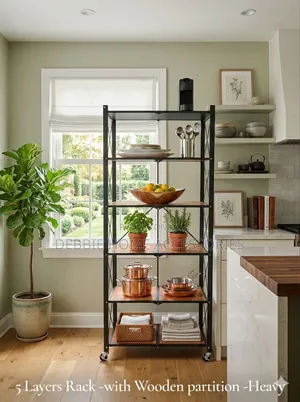 5-Layer Heavy-Duty Black Metal Frame and Wooden Partitions Rack