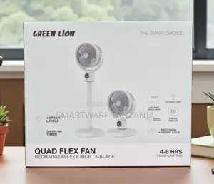 Green Lion Quad Flex Fan 8 Inch Rechargeable 140 Wide Oscillation