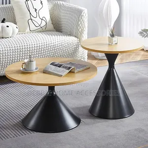 Conical Metal Bases and Warm Wood-Finish Tops.