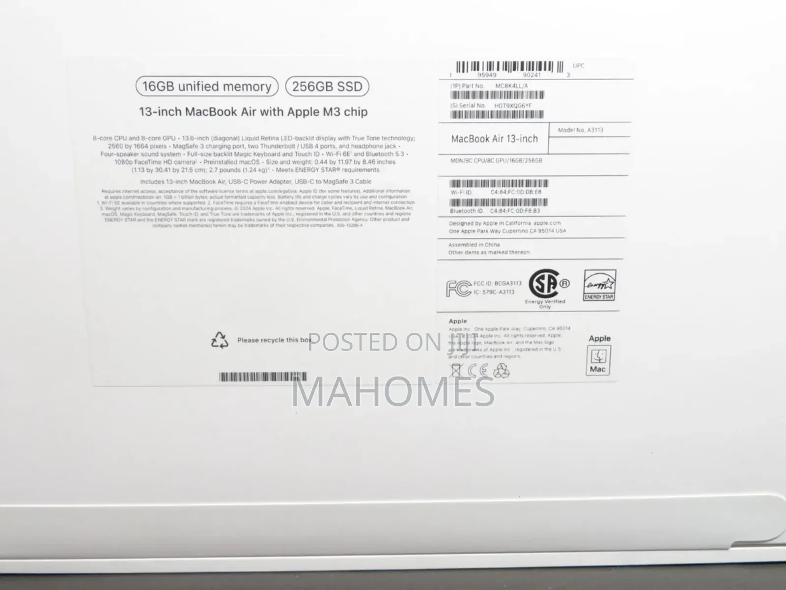 New Laptop Apple MacBook Air 2024 M3 13-inch 16GB Apple M3 SSD 256GB