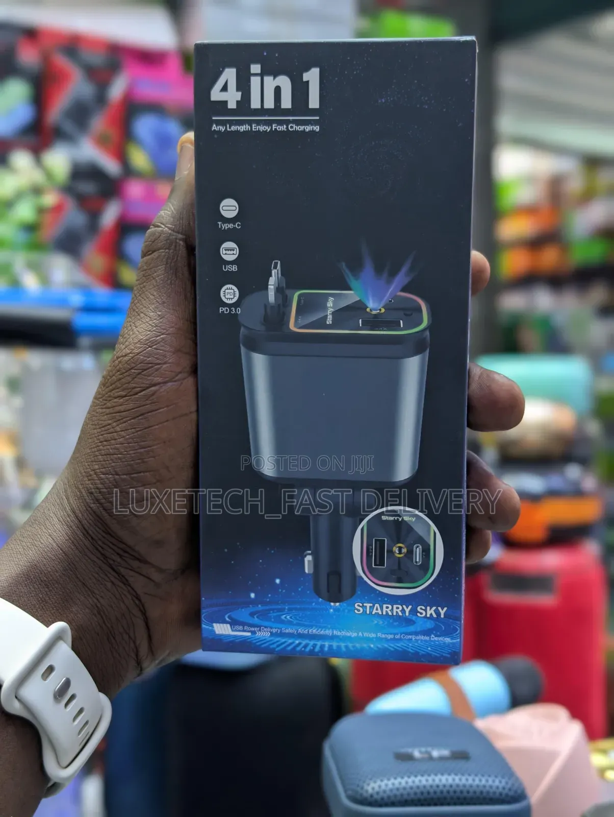 4-in-1 Retractable Car Charger With Starlight Projection Functionality