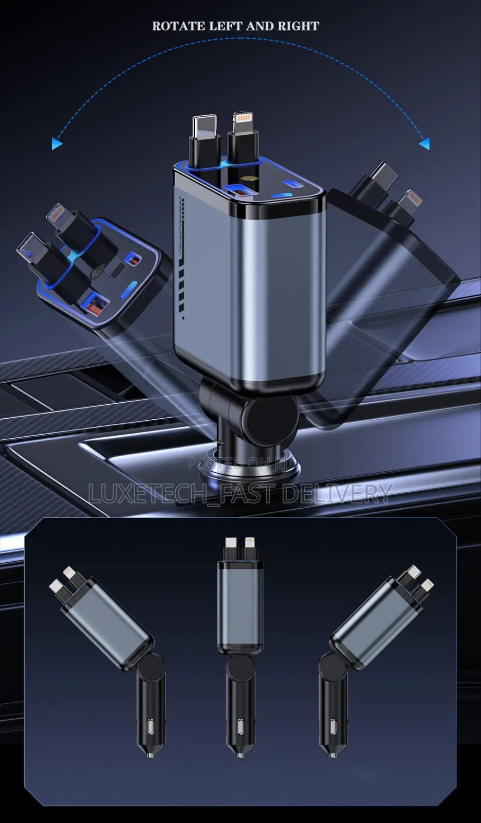4-in-1 Retractable Car Charger With Starlight Projection Functionality