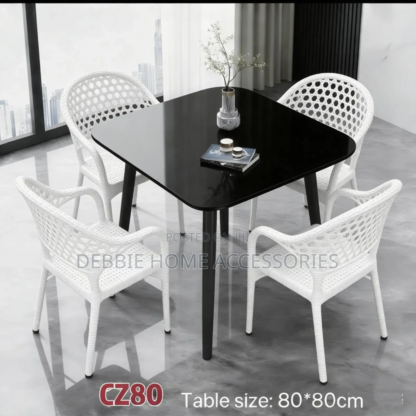 Foldable Table With Modern White/Gray Faux-Rattan Armchairs