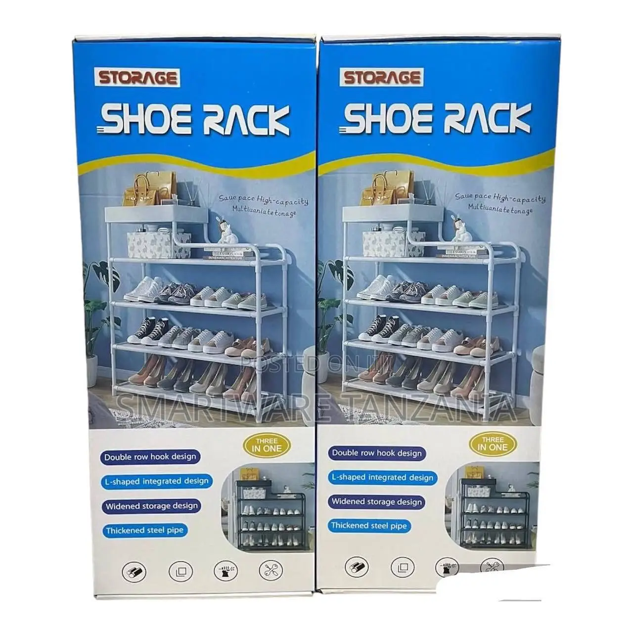 Storage 4-Tier Steel Shoe Rack 3-in-1 L-Shape Wide Shelf