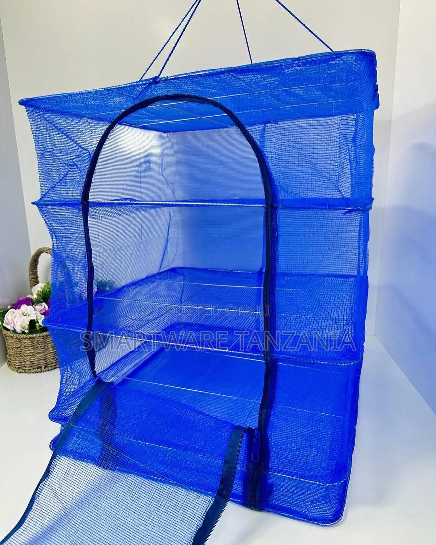 Hanging Mesh Food Drying Net 4-Layer Blue Zipper Foldable
