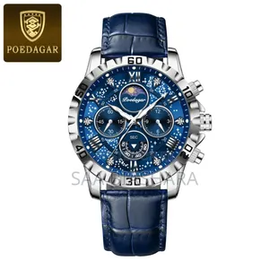 Poedagar 973 Men's Luxury Chronograph Wristwatch Blue and Silver