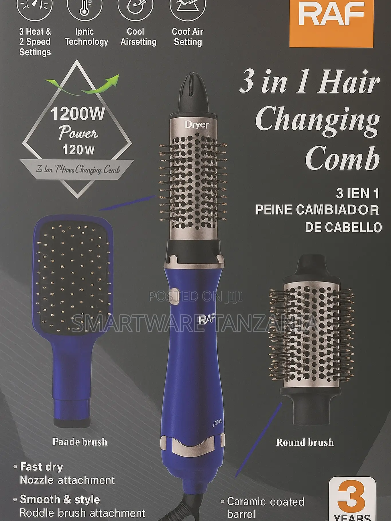 Raf 3 In 1 Hair Dryer Brush 1200w Ceramic Barrel Styler