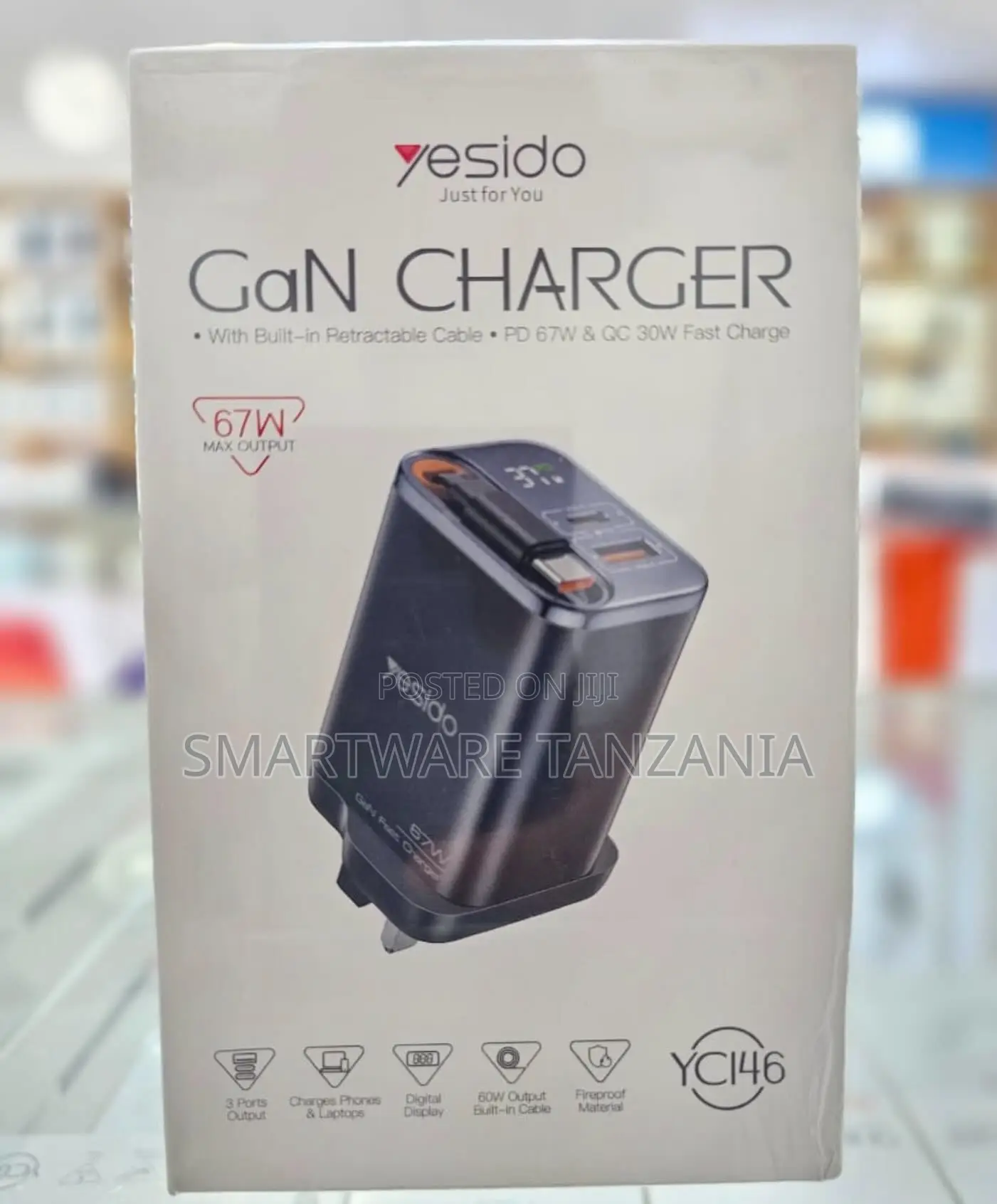 Yesido Yc146 Gan Charger 67w Pd 3 Ports Built-in Cable Display