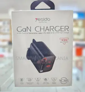 Yesido Yc145 Gan Charger 40w Pd 3 Ports Built-in Cable Uk Plug