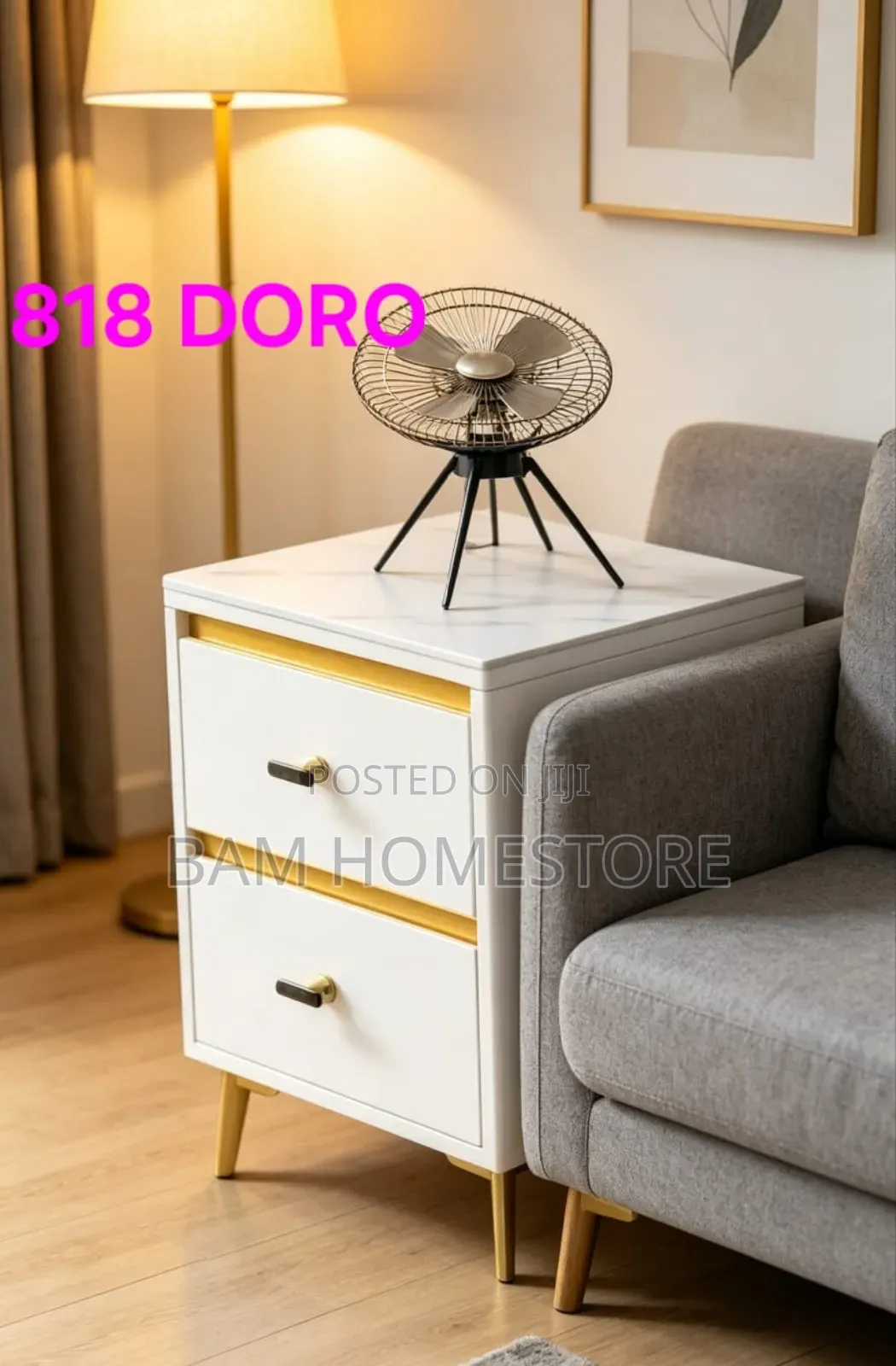Luxury Marble-Top Bedside Table – Elegant White Gold Finish