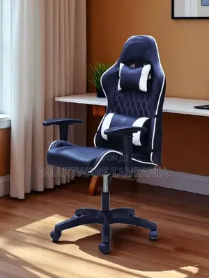 Gaming Chair High Back Navy Blue White Lumbar Neck Cushion