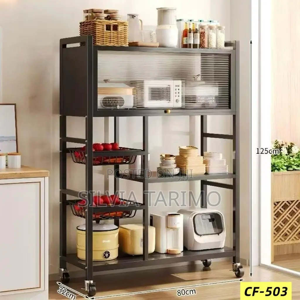 Modern 3-Tier Kitchen Storage Rack With Sliding Door Wheels