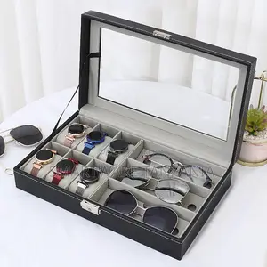 Watch and Glasses Storage Box Pu Leather Clear Lid Black