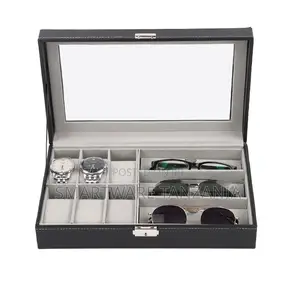 Black Leather Watch Sunglasses Combo Organizer Box Large