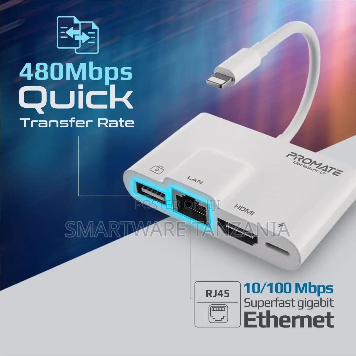 Promate 4in1 Lightning Multimedia Hub Hdmi Rj45 Usb Charge