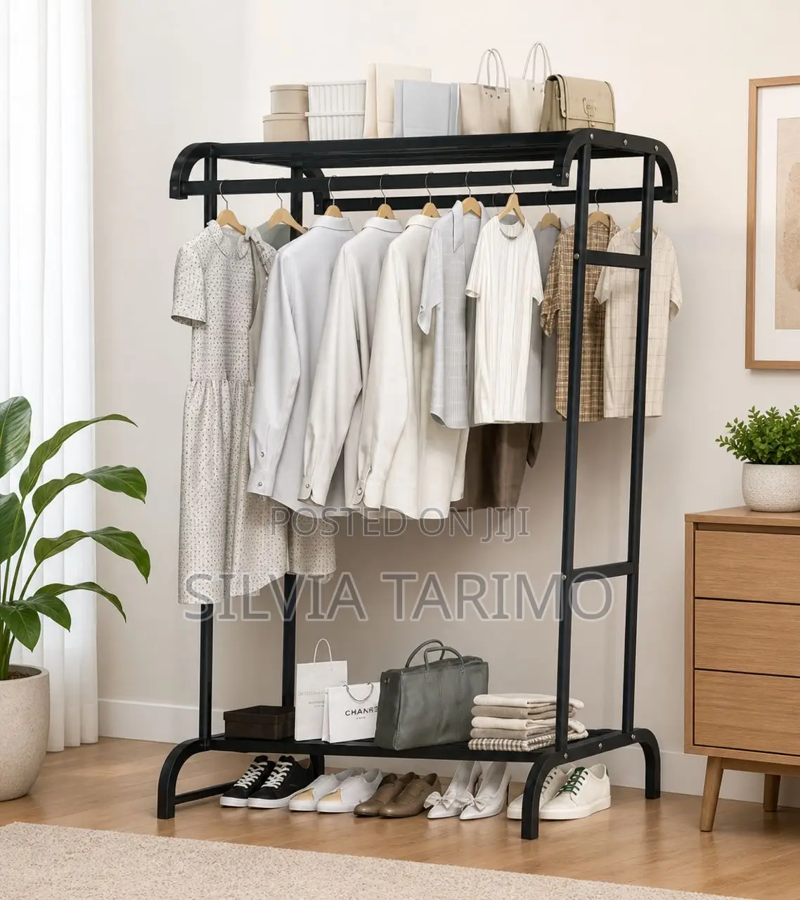 Modern Multi-functional Clothes Rack With Top Shelf Storage