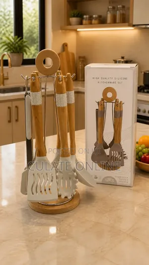7pcs Silicone Kitchenware Set With Bamboo Handle