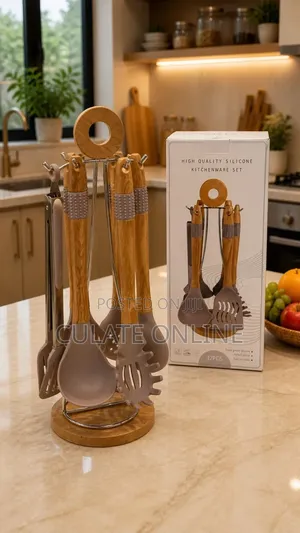 7pcs Silicone Kitchenware Set With Bamboo Handle