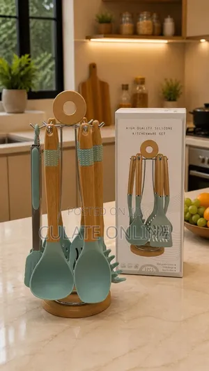 7pcs Silicone Kitchenware Set With Bamboo Handle