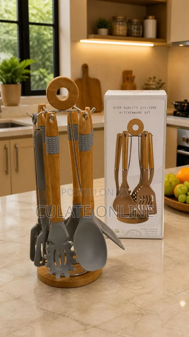 7pcs Silicone Kitchenware Set With Bamboo Handle