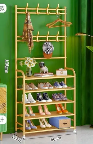 Shoe Rack Chuma Gold Na Sehemu Ya Kuwekeea Kofia Na Pochi