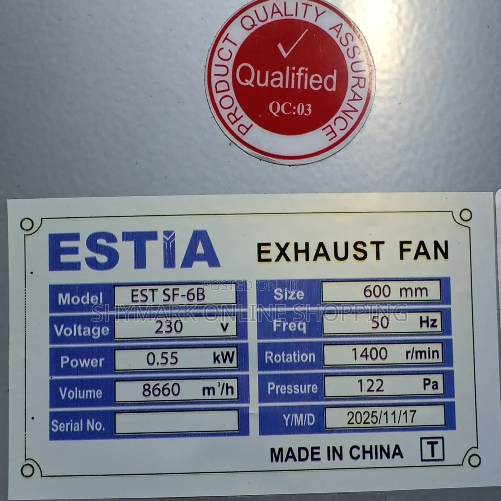 Estia Heavy Duty Exhaust Fan Size 600mm