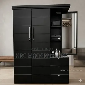 Modern Matte Black 3-Door Wardrobe With Integrated Vanity/Mirror