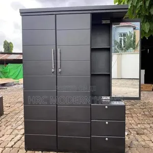 Modern Matte Black 3-Door Wardrobe With Integrated Vanity/Mirror