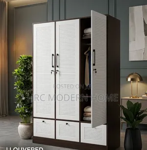 Modern 3-Door Louvered Wardrobe With Storage Drawers
