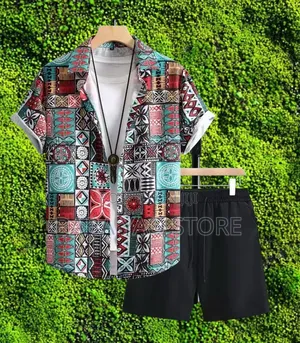 Casual Striped Short Sleeve Shirt Short Pants Men's Wear 2pcs Set.