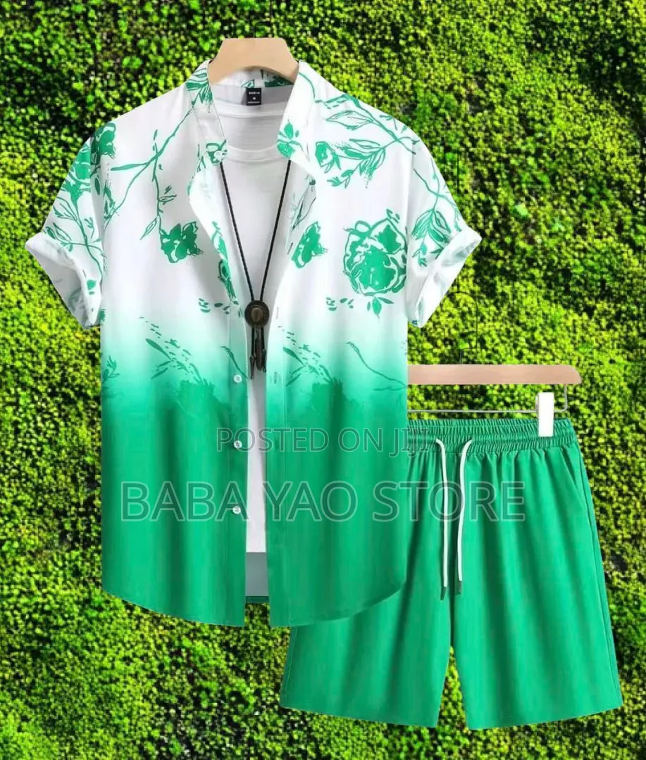 Casual Striped Short Sleeve Shirt Short Pants Men's Wear 2pcs Set.