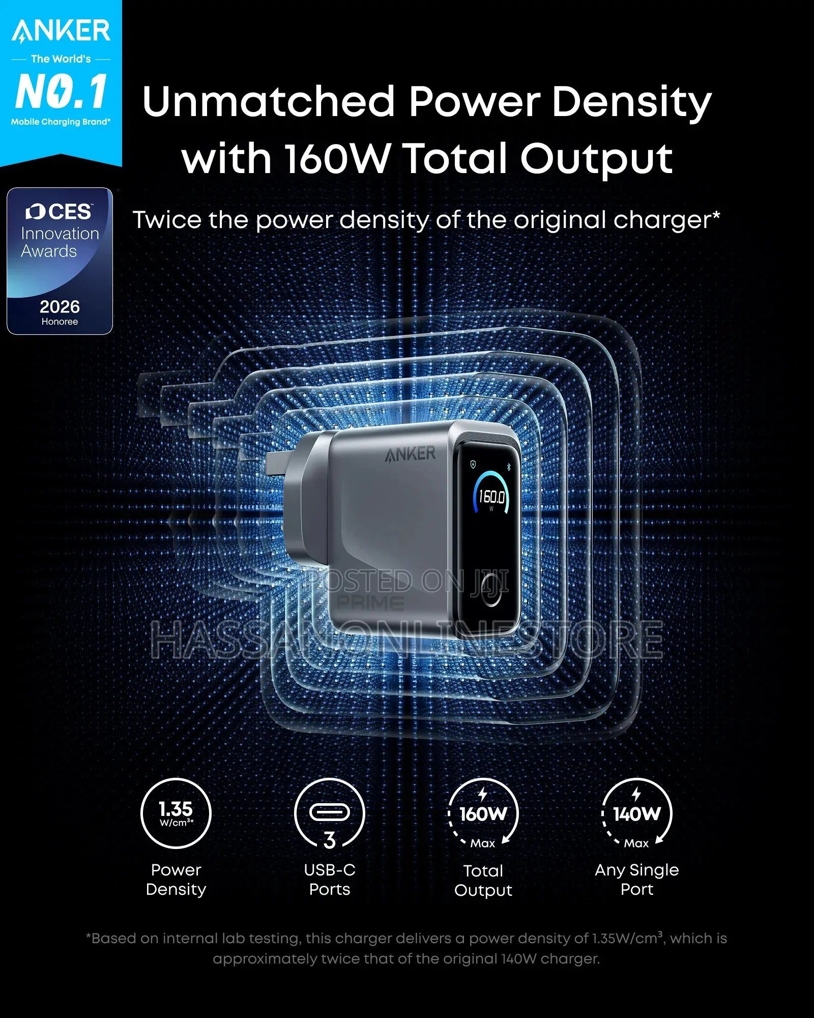 Anker Prime Charger (160w, 3 Ports, Smart Display) + Free Cable
