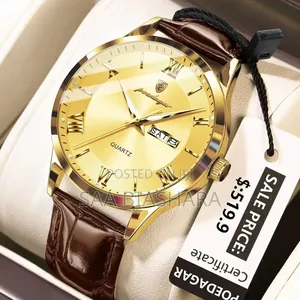 Poedagar Luxury 978l Watch Brown Leather Belt and Gold Case